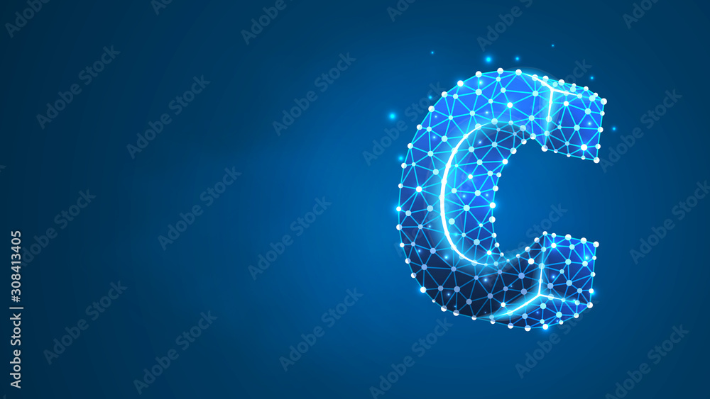 Alphabet letter C. Design of an Uppercase letter. Banner, template or a pattern. Abstract digital wireframe, low poly mesh, vector blue neon 3d illustration. Triangle, line dot Alphabet letter C. Design of an Uppercase letter. Banner, template or a pattern. Abstract digital wireframe, low poly mesh, vector blue neon 3d illustration. Triangle, line dot
