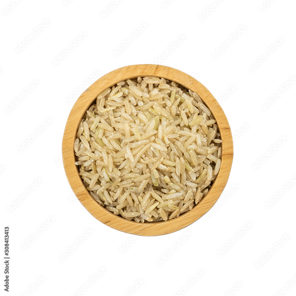 Pile of brown rice, unpolished rice, half milled rice, milled rice imperfectly cleaned isolated on white background.Food concept from whole grains. Top view, Flat lay