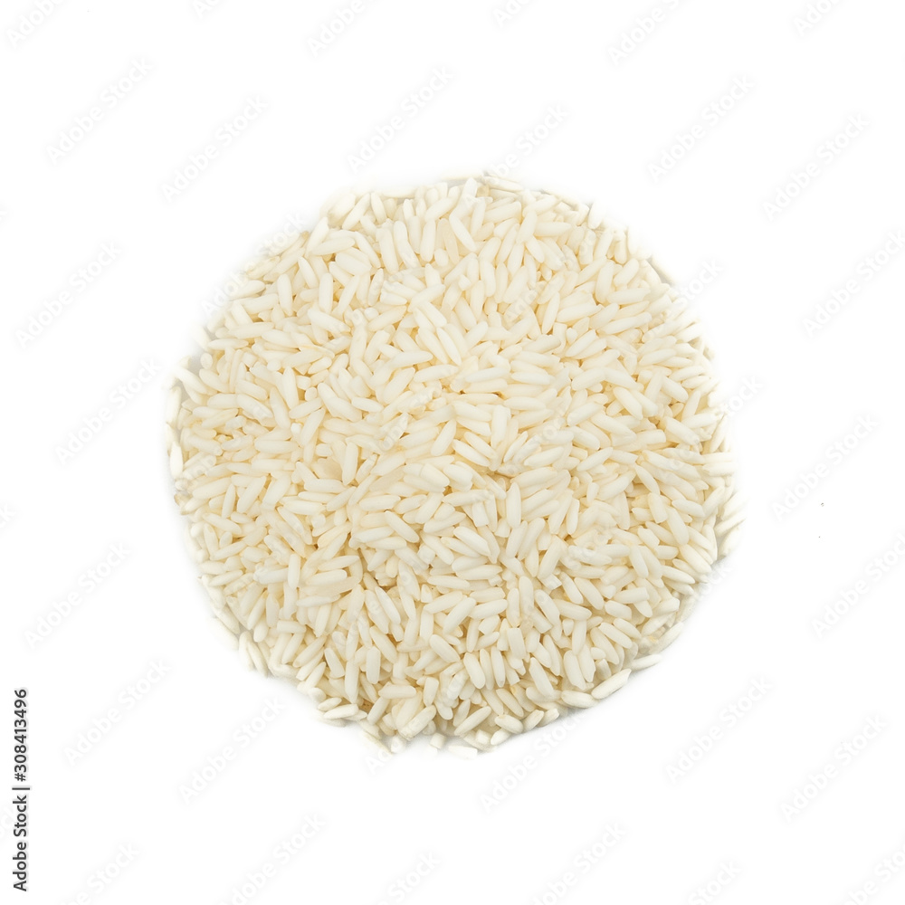 Pile of Raw glutinous rice or sticky rice isolated on white background.Food concept from whole grains. Top view, Flat lay Pile of Raw glutinous rice or sticky rice isolated on white background.Food concept from whole grains. Top view, Flat lay