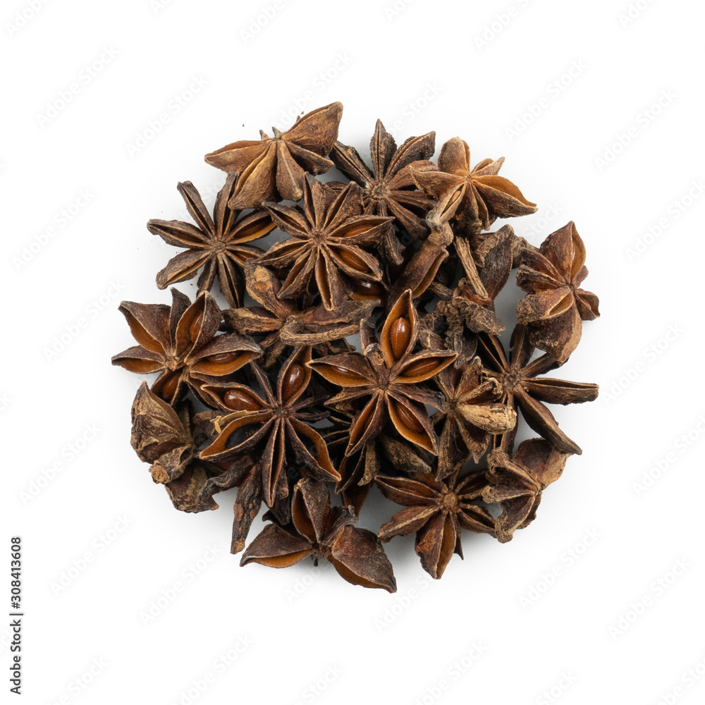 Pile of Star anise (Illicium verum) isolated on white background.Spices or seasonings Herb concept from whole grains. Top view, Flat lay Pile of Star anise (Illicium verum) isolated on white background.Spices or seasonings Herb concept from whole grains. Top view, Flat lay