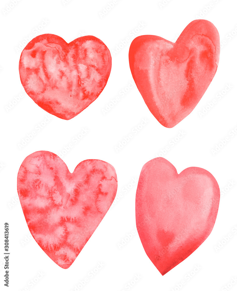 Set of watercolor red hearts  with spots. Valentines day illustration.