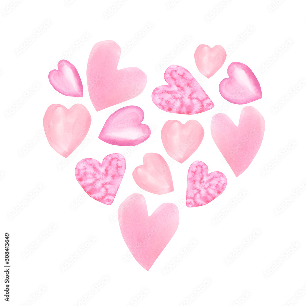 Watercolor  pink  hearts.  Valentines day illustration.