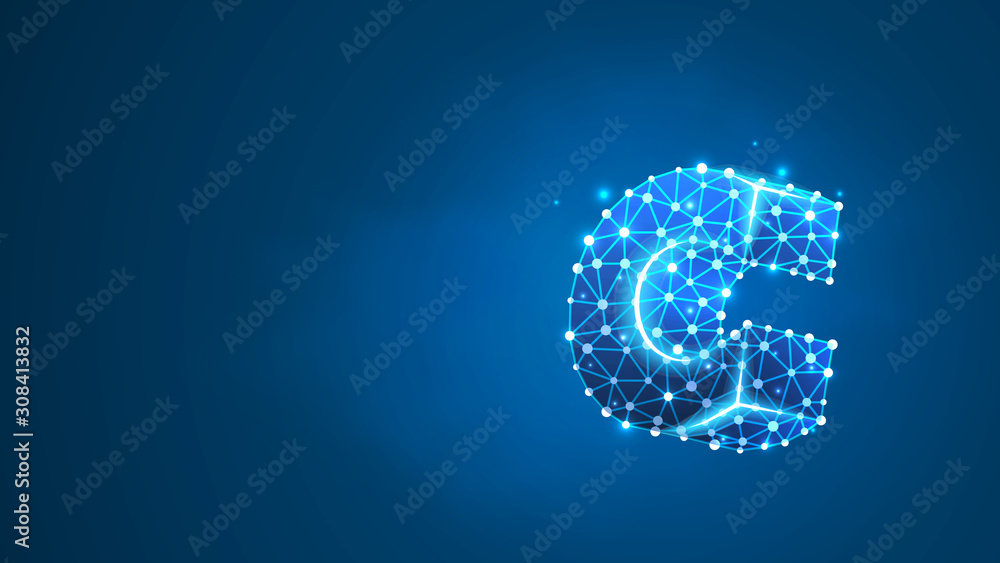 Alphabet letter C. Design of a lowercase letter. Banner, template or a pattern. Abstract digital wireframe, low poly mesh, Raster blue neon 3d illustration. Triangle, line, dot Alphabet letter C. Design of a lowercase letter. Banner, template or a pattern. Abstract digital wireframe, low poly mesh, Raster blue neon 3d illustration. Triangle, line, dot