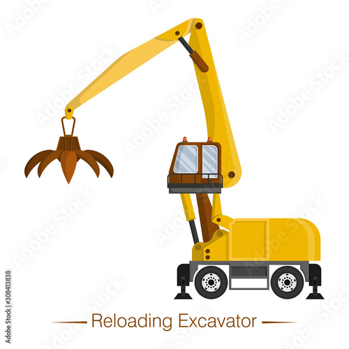 Yellow reloading excavator, reloader. Special equipment for landfills, garbage, scrap, wood