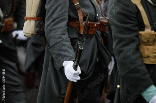 World War I reenactors with their equipment take part at the Romanian National Day military parade.