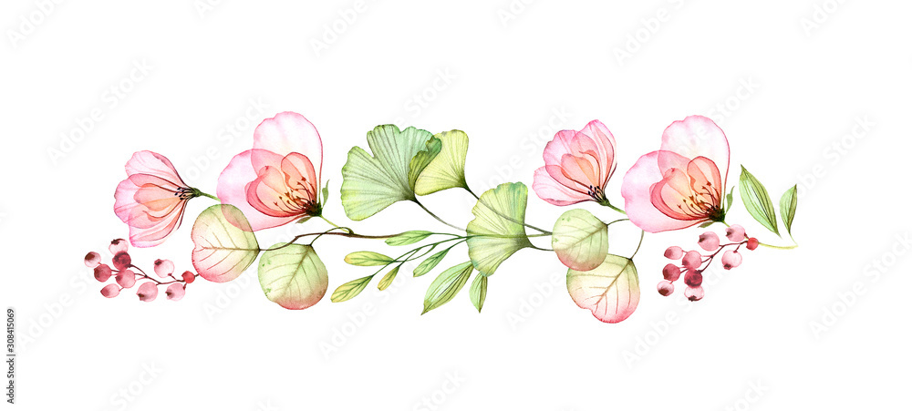 Watercolor floral border of roses, leaves and eucalyptus branch. Transparent flowers in horizontal line. Hand drawn illustration isolated on white for wedding stationery, greeting cards.