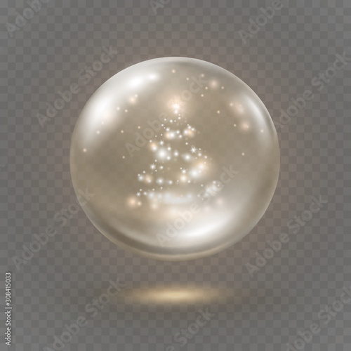 Snow globe or 3d crystal ball isolated on transparent background. Vector glass xmas snowglobe template with golden christmas tree effect. .