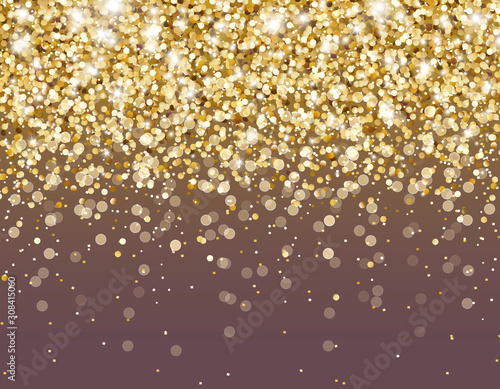 Gold glitter particles and light effect sparks background. Vector glow golden shimmer confetti texture for Christmas; New Year luxury card design.