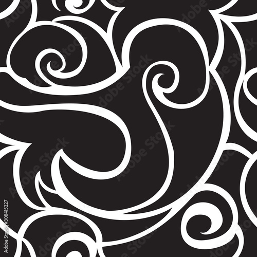 Seamless black vector pattern of spirals and waves. Monochrome texture for textile and packaging. Background from abstract elements separated by a white line.