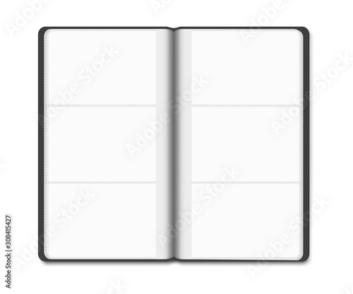 Card holder with transparent PVC sleeves, realistic vector mockup. Open business card organizer book with empty clear plastic interior pockets, template