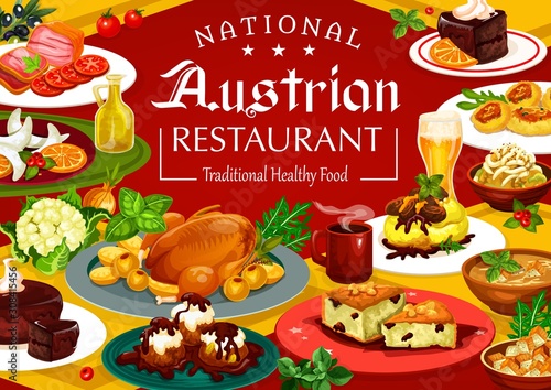 Austrian cuisine menu, traditional food and drinks. Vector desserts and main courses, coffee and beer. Christmas goose and goulash in Tyrolean, potato pasta and soup, sausages and chocolate cakes