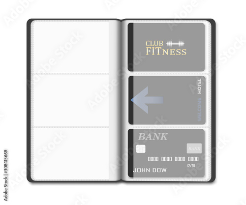 Open card holder book with clear plastic individual interior pockets and cards inside, realistic vector illustration