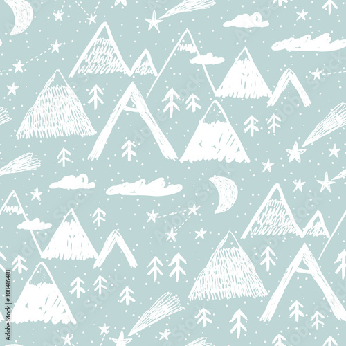 Winter landscape. Childish seamless pattern with mountain, forest, snow and stars. Vector illustration for gift wrapping paper, textile, surface textures, childish design.