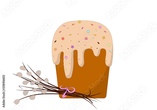  Isolated Easter cake and a bunch of willow for Easter on a white background. flat vector. illustration