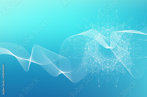Geometric abstract background with connected line and dots. Neural network. Network and connection background for your presentation. Graphic polygonal background. Wave flow. Vector illustration.