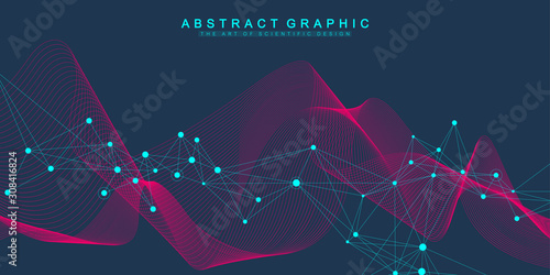 Digits abstract background with connected line and dots, wave flow. Digital neural networks. Network and connection background for your presentation. Graphic polygonal background. Vector illustration.