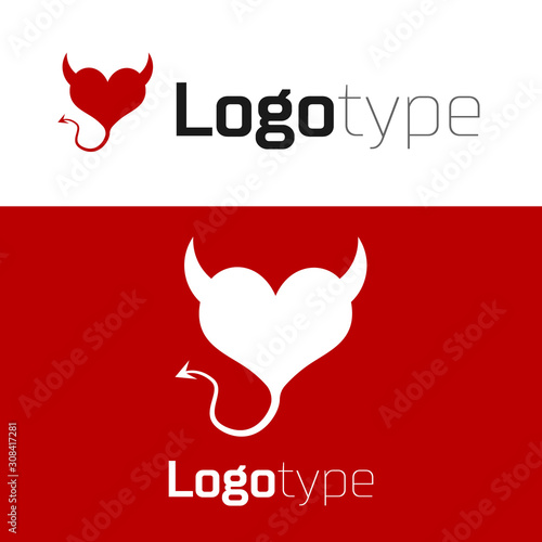Red Devil heart with horns and a tail icon isolated on white background. Valentines Day symbol. Logo design template element. Vector Illustration