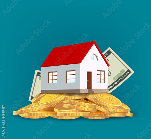 Building house stands on a pile of gold coins dollar