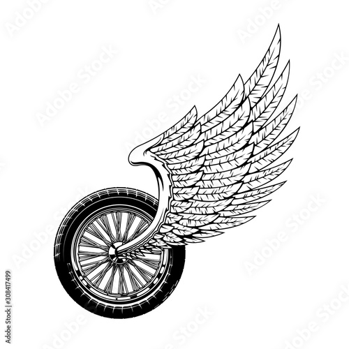 Wheel and wing isolated monochrome bikers club icon. Vector winged wheel race symbol or rockers monochrome tattoo. Bike or motorcycle rally label, racing championship or tournament
