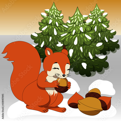 Squirrel nibbles acorn nuts on the background of winter trees