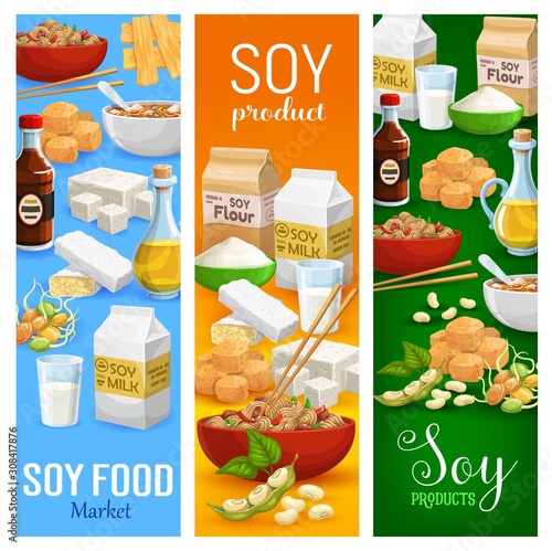 Soy food products, milk and flour, beans and oil. Vector sprouted soybeans and tofu cheese, miso paste and tempeh, noodles in bowl with sticks. Vegetarian meal, natural healthy pods, meat and sauce