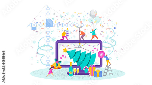 Little people drag a huge Christmas tree onto a computer monitor.