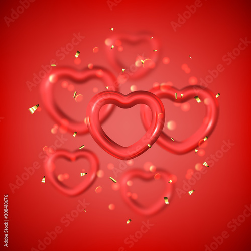 Happy Valentine's Day festive card. Vector illustration with flying red hearts with blur effect. Realistic golden symbols.