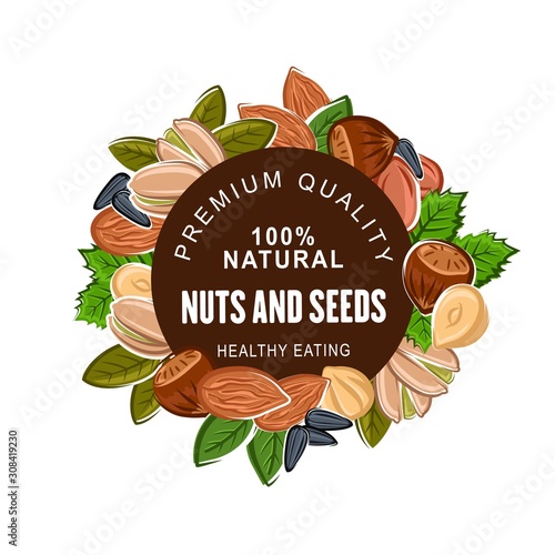Nuts and seeds banner, organic natural food. Peanuts and pistachios, kernels and walnuts, sunflower seeds and hazelnuts. Cashew and almonds, vegan or vegetarian harvest, crop of premium quality nuts