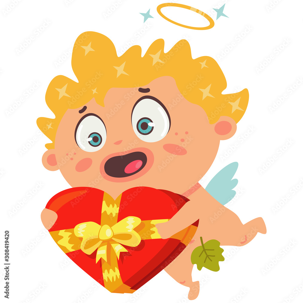 Fototapeta premium Cute cupid holding a red box of chocolates in form of heart with a yellow bow. Valentine's Day symbol. Cartoon vector illustration isolated on a white background.