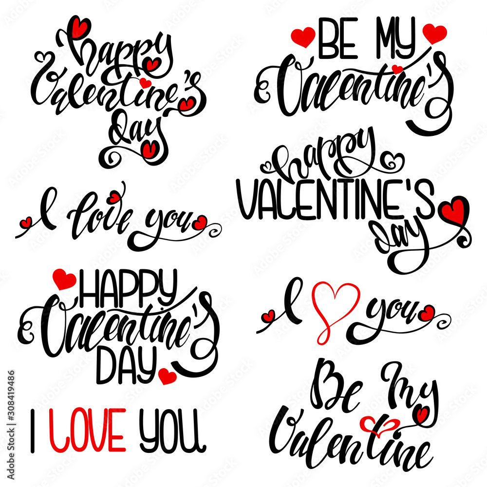 Happy Valentine's day handwritten text design. Black lettering and red heart. Vector calligraphy set isolated on a white background.