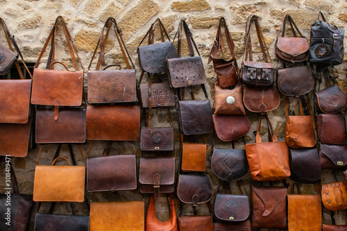 Beautiful brown leather bags in Morocco