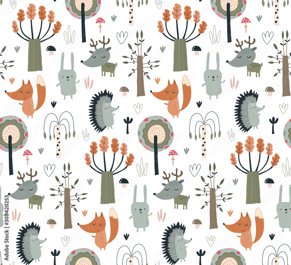 Vector seamless pattern with hand drawn wild forest animals and trees.