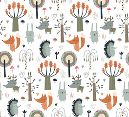 Sierkussen Baby hert patronen Vector seamless pattern with hand drawn wild forest animals and trees.  © Andrei