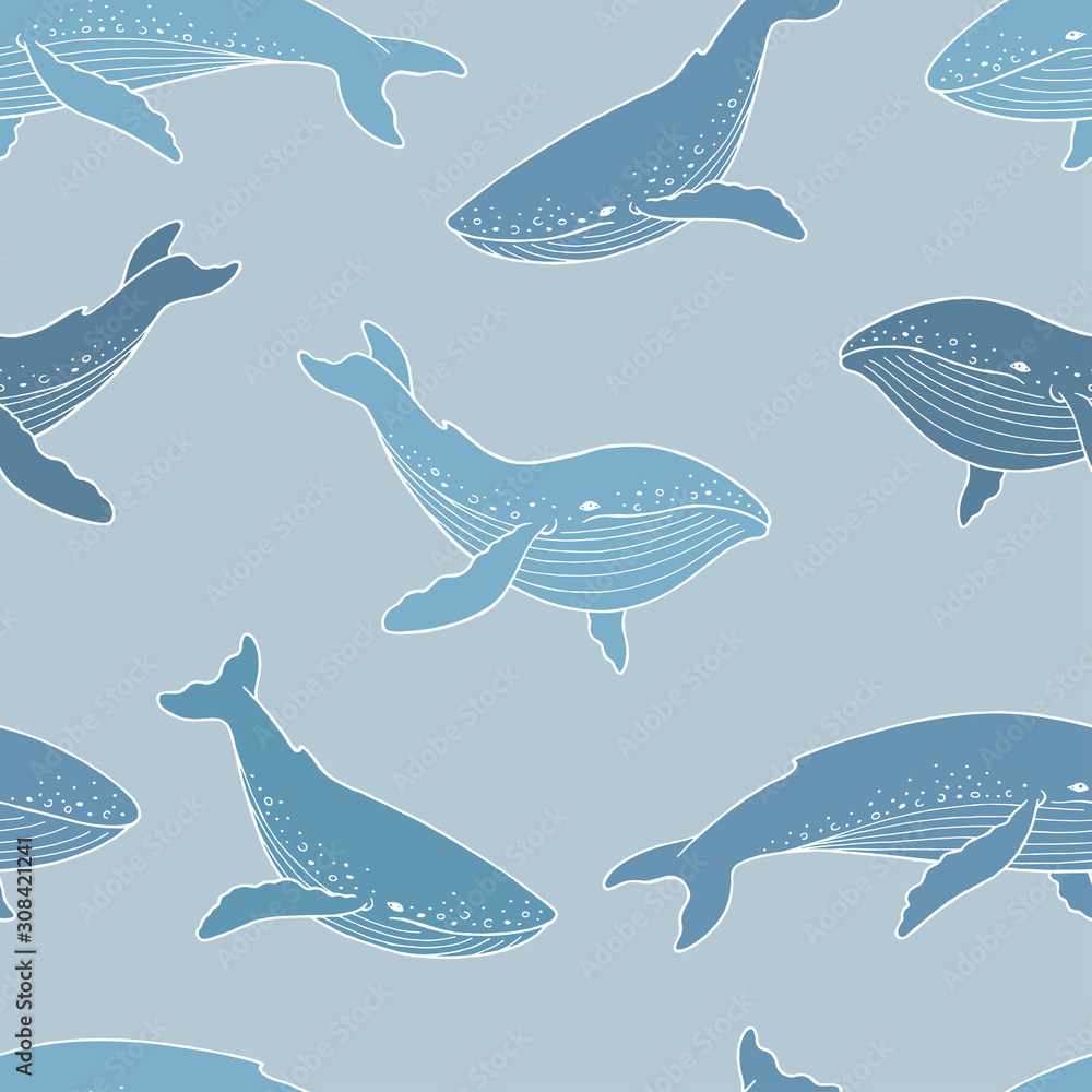 Fototapeta premium Blue whale graphic color seamless pattern background illustration vector