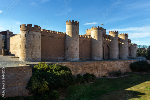Aljaferia Palace (fortified medieval Islamic palace) in Zaragoza city, Aragon, Spain 