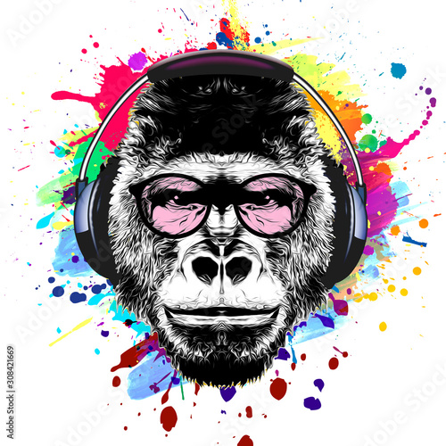 Monkey head black and color background, digital art