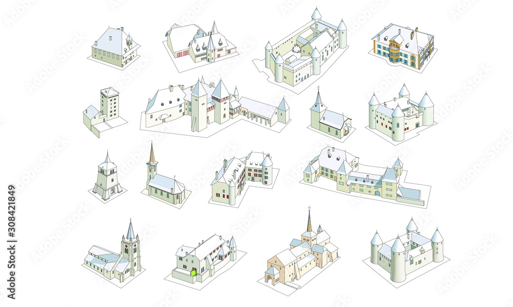 Obraz premium Drawings of 3D buildings, churches, residences and castles. Winter representation