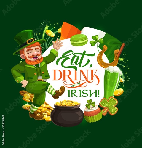 Dancing leprechaun vector design of St Patricks Day Irish holiday. Green shamrock, gold and lucky horseshoe, golden coins pot, flag of Ireland, clover leaves and celtic elf treasure cauldron