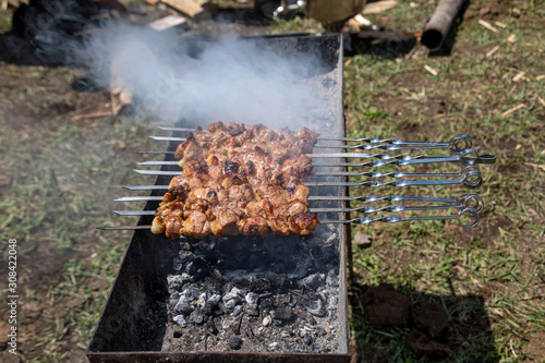 Slices of lamb fried on an open fire - shashlik, barbecue close-up.
