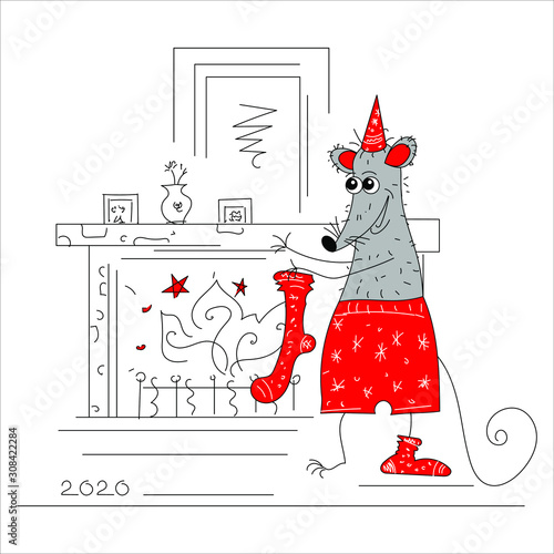 Happy new year and merry Christmas greeting card. Funny rat in red pajamas hangs a sock for gifts, over the fireplace.
