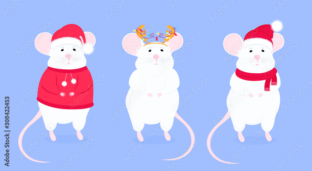 Rat in Santa's hat and with antler. Funny mice. Lunar horoscope sign mouse. Chinese Happy new year 2020. Rat in Santa's hat and with antler. Funny mice. Lunar horoscope sign mouse. Chinese Happy new year 2020.