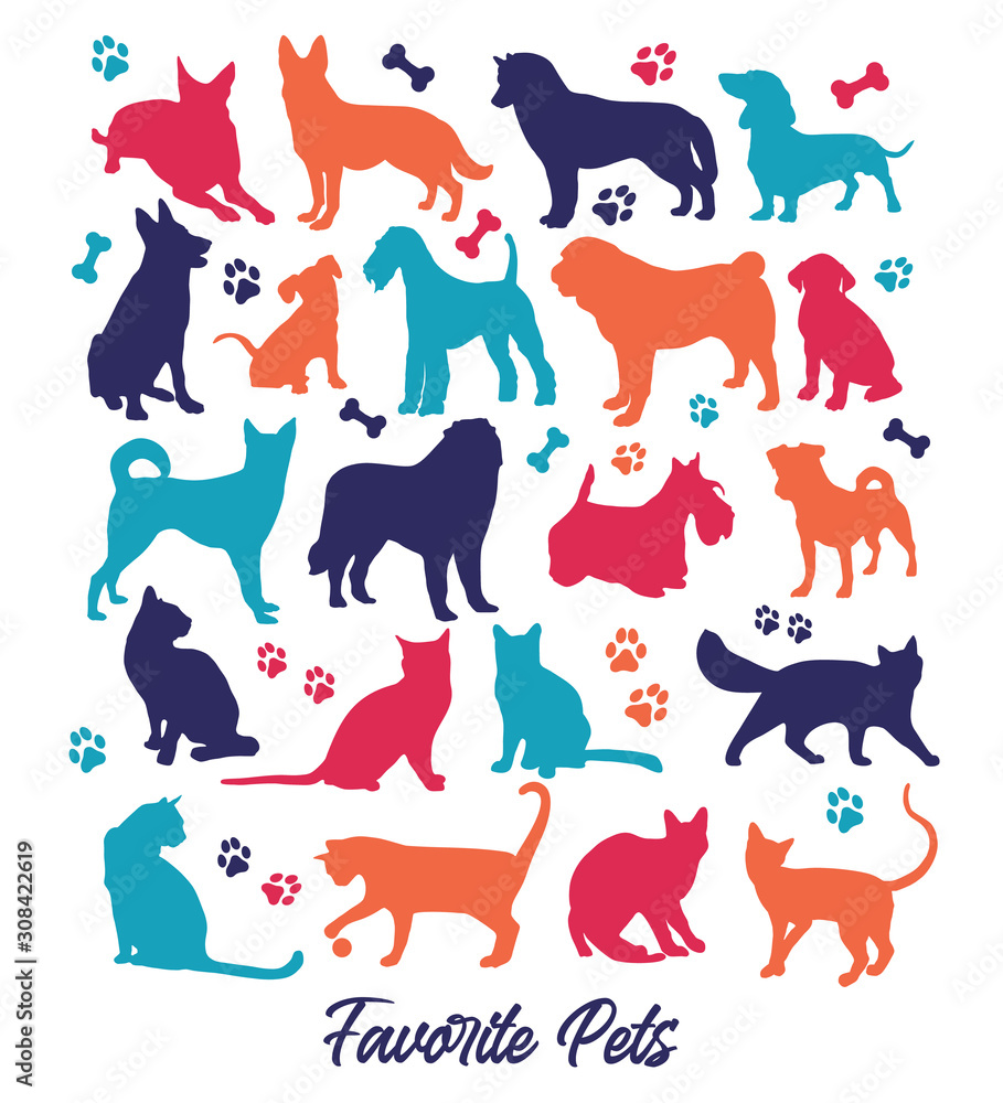Set of nicecolors cats and dogs background illustration. Animal collection.