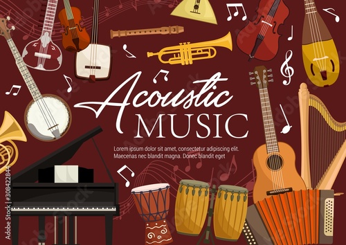 Acoustic music, retro musical instruments. Vector harp and piano, drums and trumpet, balalaika and banjo guitar. Violin and flute pipe, koto and biwa, harmonika, folk music equipment and notes