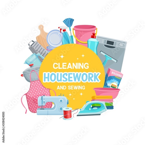 Housework tools, cleaning and sewing items banner, household appliances round frame. Vector dishwashing and sewing machine, iron and apron, washing powder and detergents. Brush and basket, plate