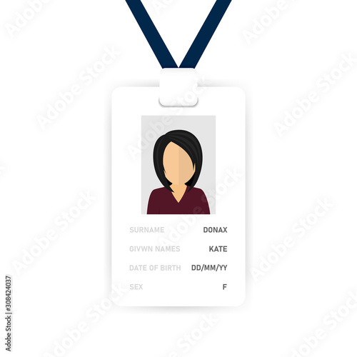 Card users information. Badge women`s on neck on white background. Vector illustration. photo