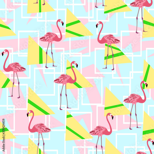 Tropical animals pattern with geometric shapes. Flamingo seamless background. - illustration