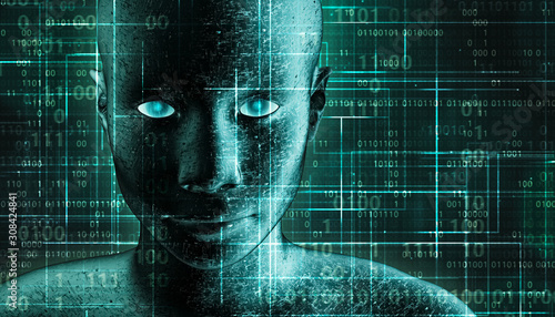 Futuristic and sci-fi human android portrait with pcb metallic skin and binary code green background. AI, IT, technology, robotics, science, transhumanism 3D rendering illustration concepts. photo