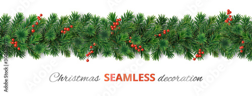 Obraz na plátně Seamless Christmas tree garland. Pine tree branches decoration