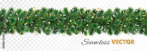 Vector Christmas decoration. Pine tree garland with golden confetti