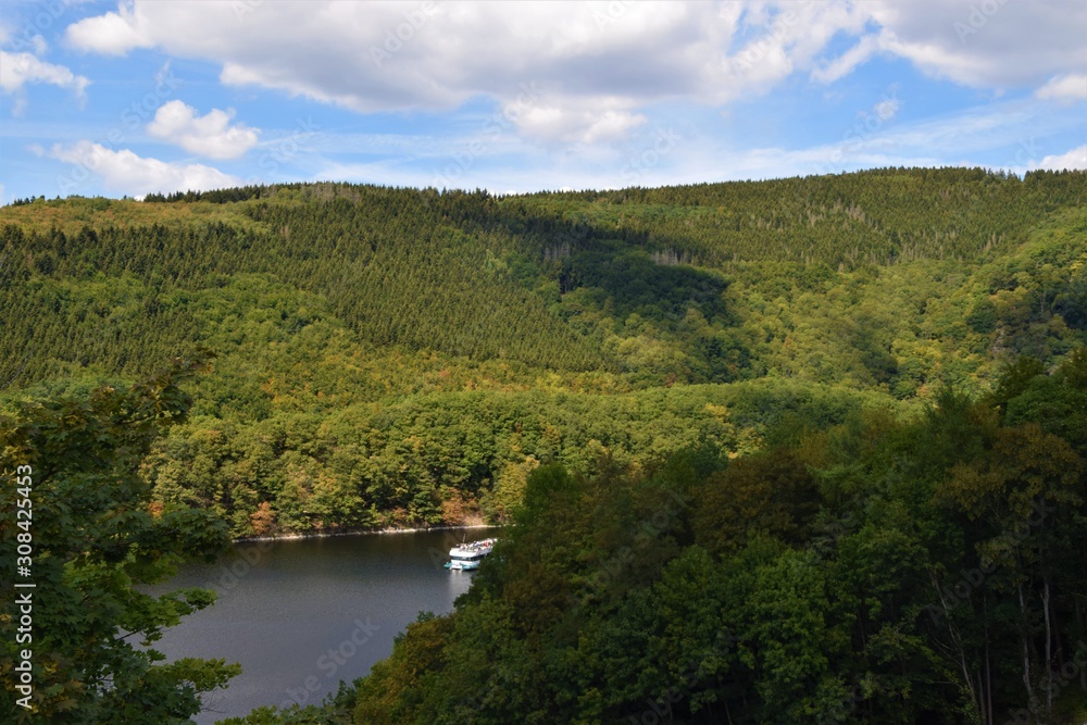 Lake, forest and hills beautiful nature scenery